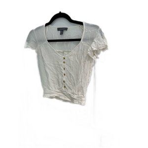 Primark Women's Button White Short Flutter Sleeve Elastic Bottom Crop To…